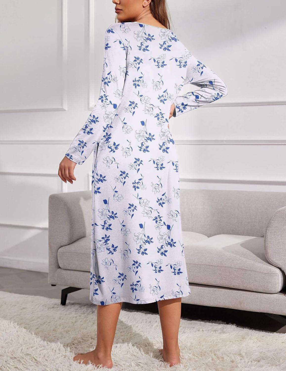 imageEkouaer Womens Long Sleeve Nightgowns Long Sleep Shirts Henley Night Shirts Full Length NightgownWhite and Blue