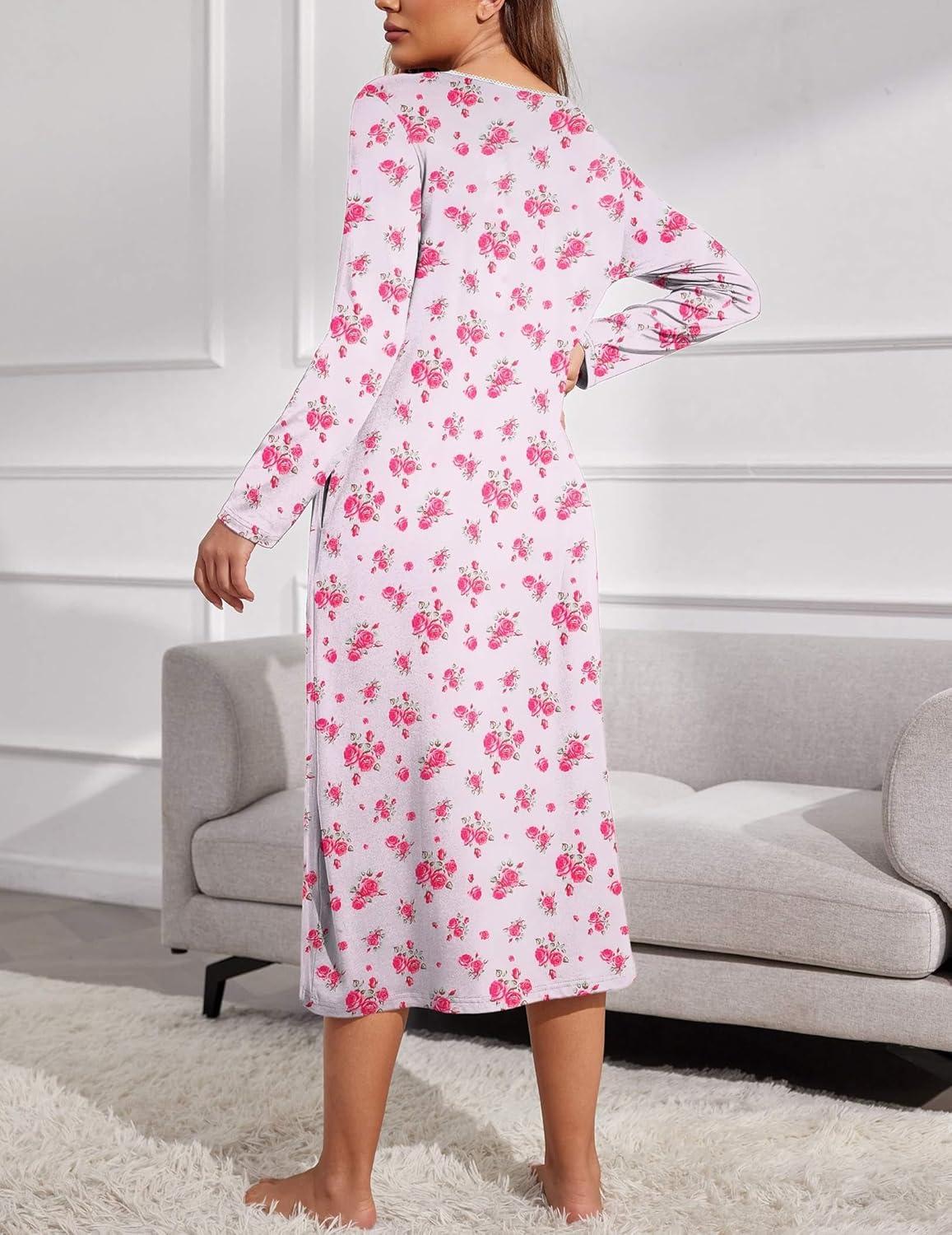 imageEkouaer Womens Long Sleeve Nightgowns Long Sleep Shirts Henley Night Shirts Full Length NightgownWhite and Pink