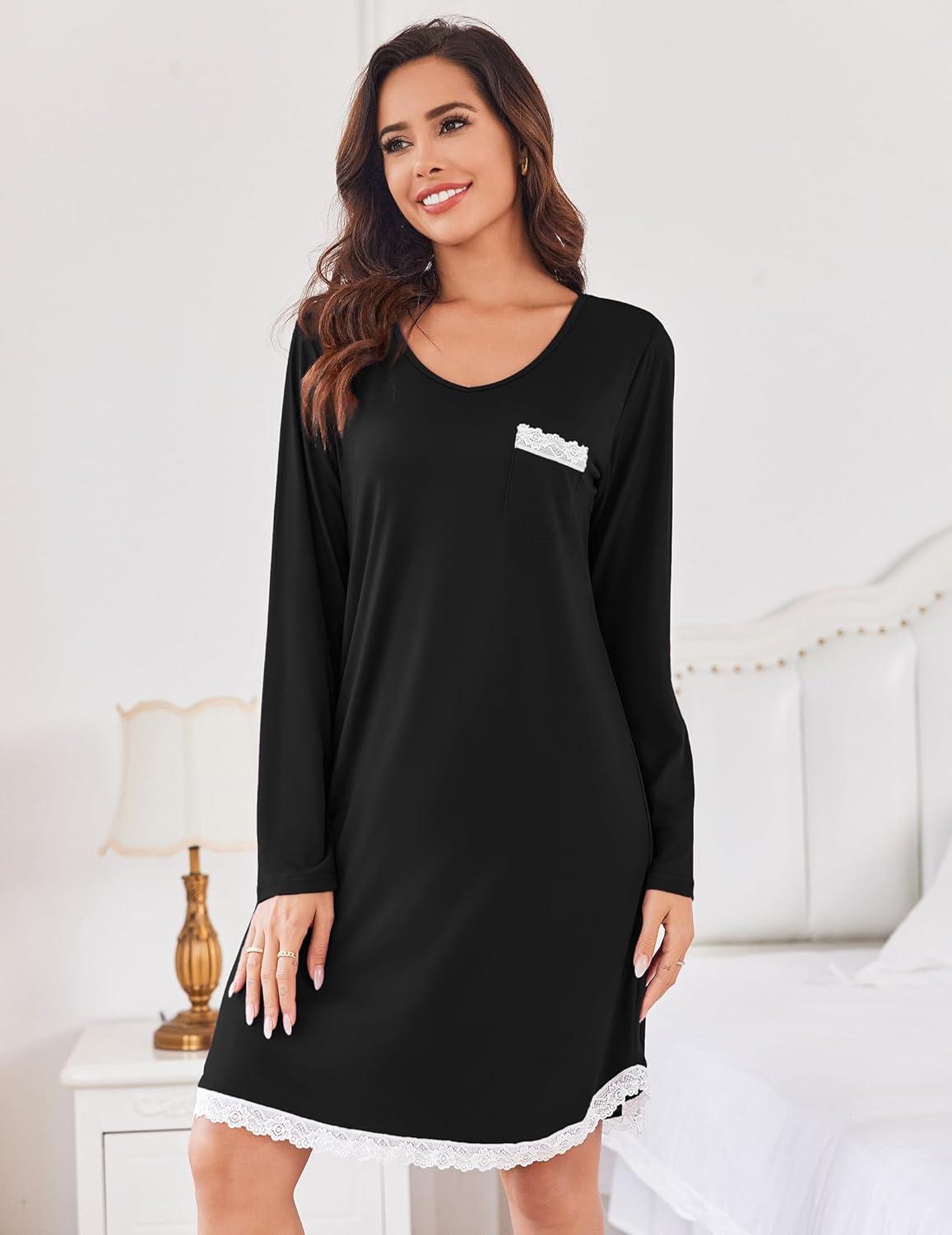 imageEkouaer Womens Long Sleeve Nightgowns V Neck Sleepshirts Lace Nightshirts Casual Tshirt Sleep Dress with PocketBlack