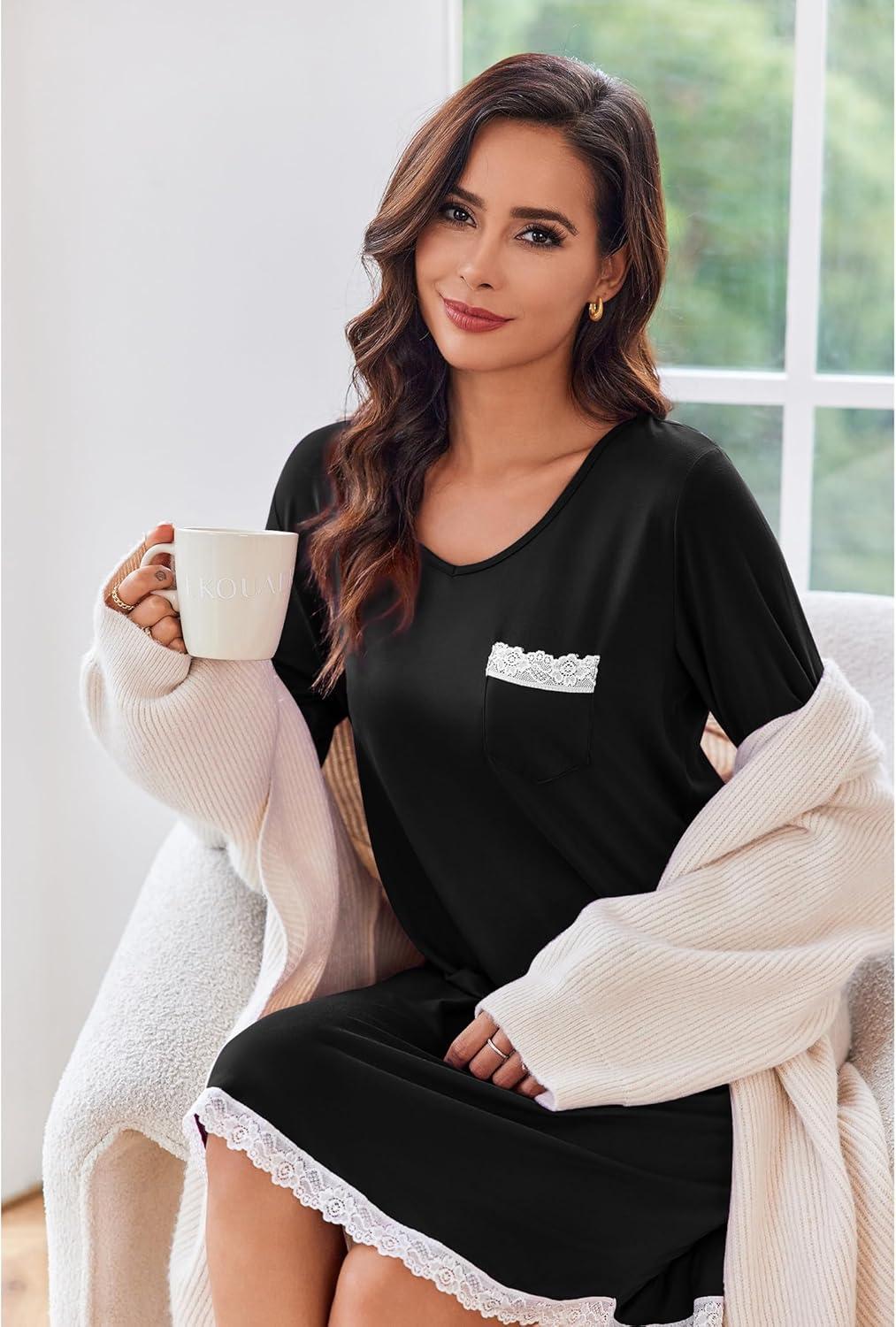 imageEkouaer Womens Long Sleeve Nightgowns V Neck Sleepshirts Lace Nightshirts Casual Tshirt Sleep Dress with PocketBlack