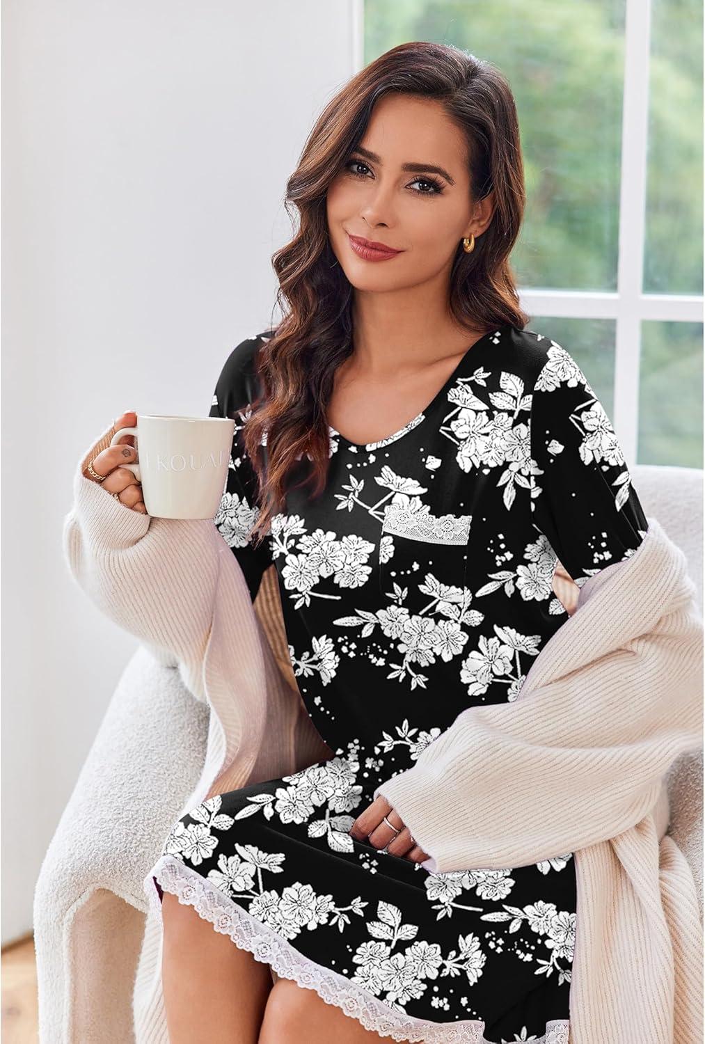 imageEkouaer Womens Long Sleeve Nightgowns V Neck Sleepshirts Lace Nightshirts Casual Tshirt Sleep Dress with PocketBlack White Floral