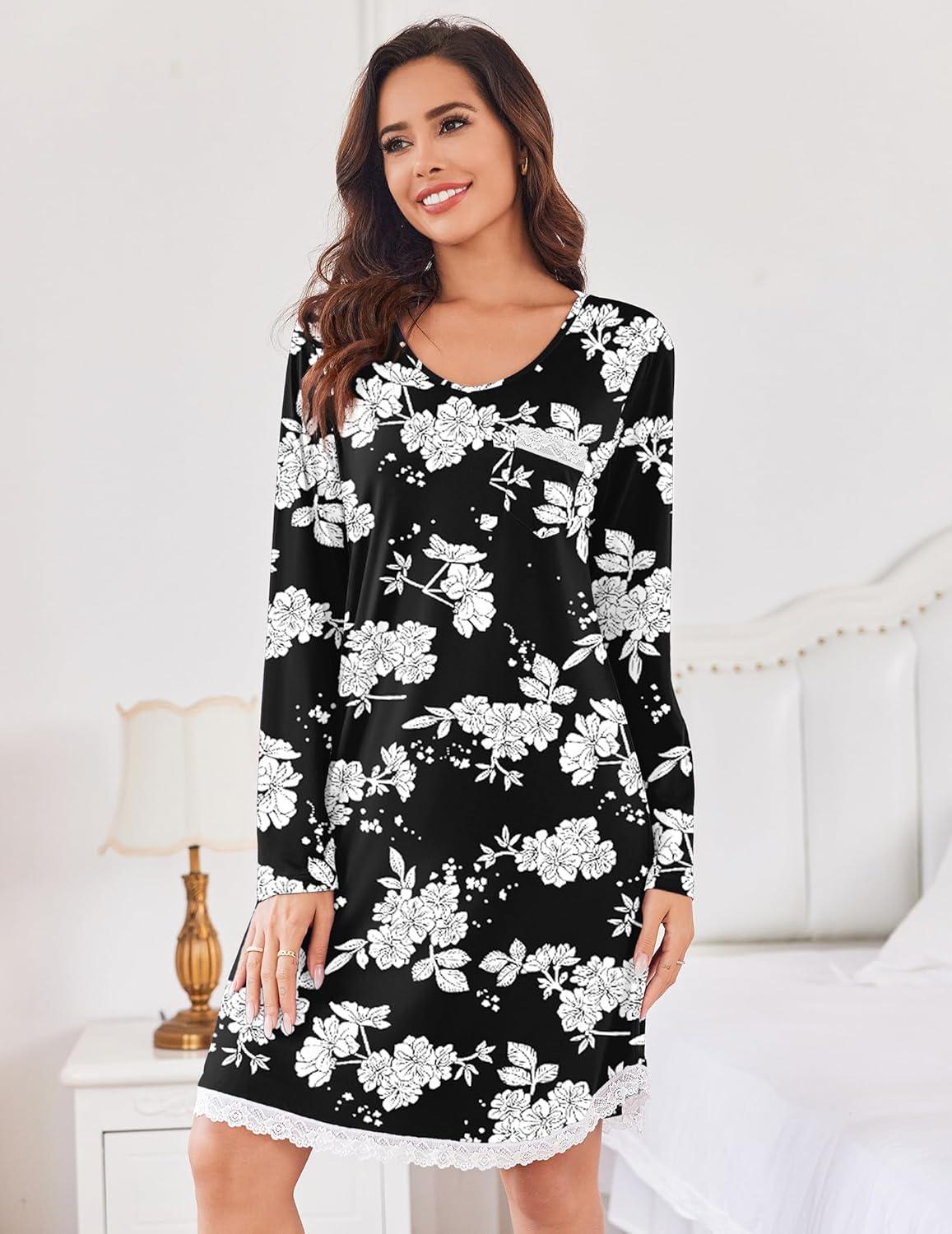 imageEkouaer Womens Long Sleeve Nightgowns V Neck Sleepshirts Lace Nightshirts Casual Tshirt Sleep Dress with PocketBlack White Floral