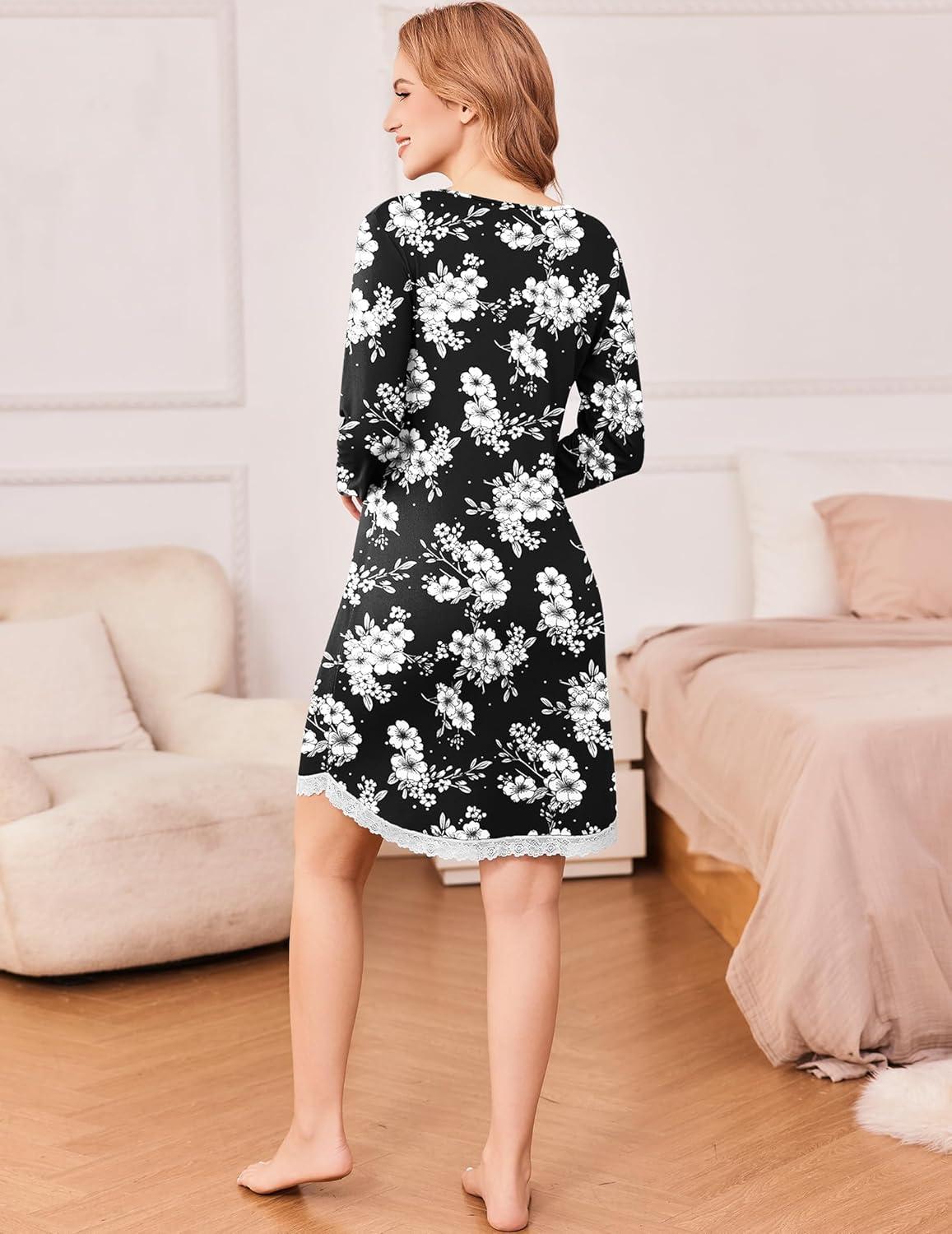 imageEkouaer Womens Long Sleeve Nightgowns V Neck Sleepshirts Lace Nightshirts Casual Tshirt Sleep Dress with PocketBlack White Flowers