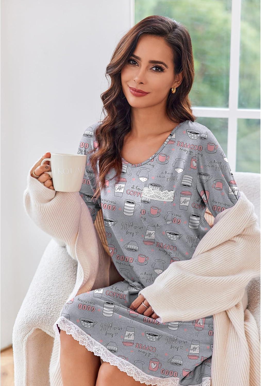 imageEkouaer Womens Long Sleeve Nightgowns V Neck Sleepshirts Lace Nightshirts Casual Tshirt Sleep Dress with PocketCoffee Cup Print