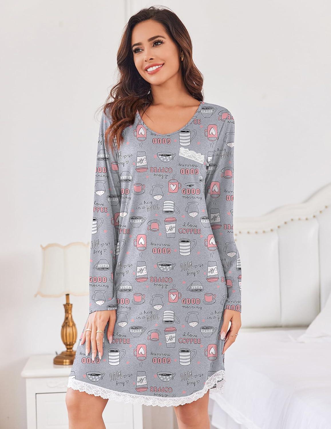 imageEkouaer Womens Long Sleeve Nightgowns V Neck Sleepshirts Lace Nightshirts Casual Tshirt Sleep Dress with PocketCoffee Cup Print