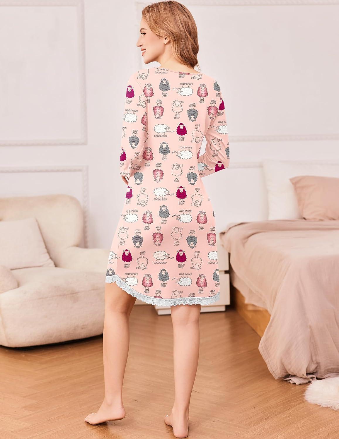 imageEkouaer Womens Long Sleeve Nightgowns V Neck Sleepshirts Lace Nightshirts Casual Tshirt Sleep Dress with PocketPink Sheep