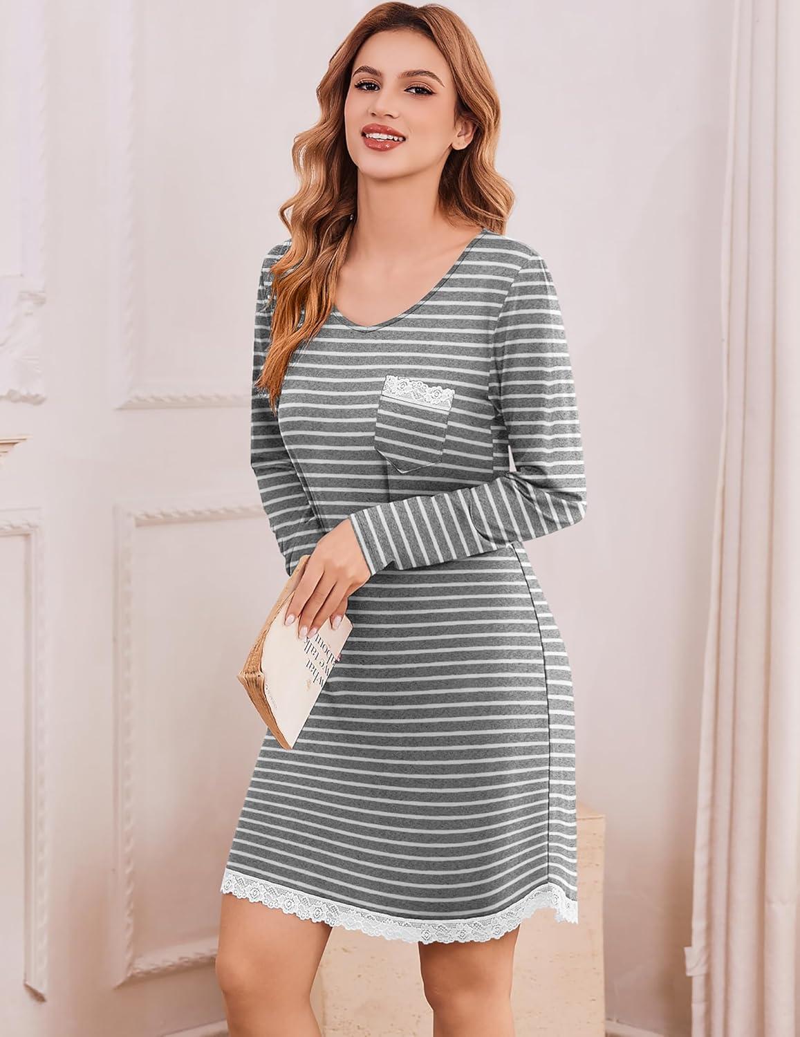 imageEkouaer Womens Long Sleeve Nightgowns V Neck Sleepshirts Lace Nightshirts Casual Tshirt Sleep Dress with PocketStrip
