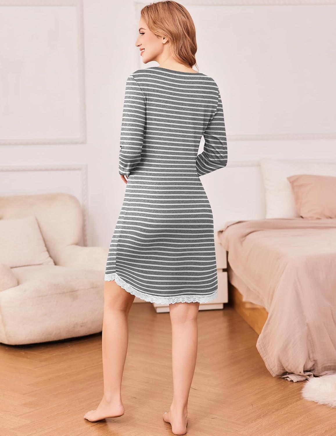 imageEkouaer Womens Long Sleeve Nightgowns V Neck Sleepshirts Lace Nightshirts Casual Tshirt Sleep Dress with PocketStrip
