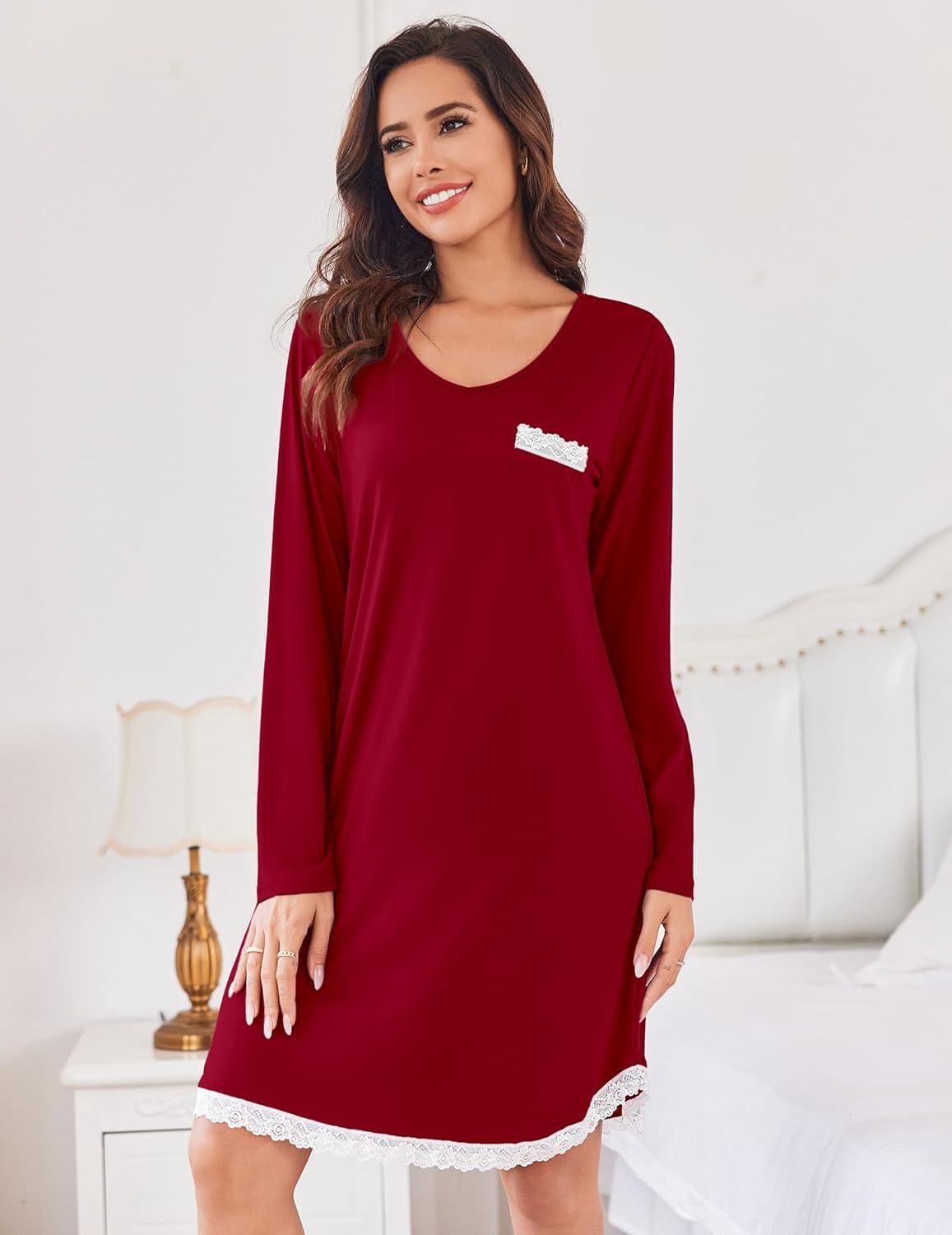 imageEkouaer Womens Long Sleeve Nightgowns V Neck Sleepshirts Lace Nightshirts Casual Tshirt Sleep Dress with PocketWine Red