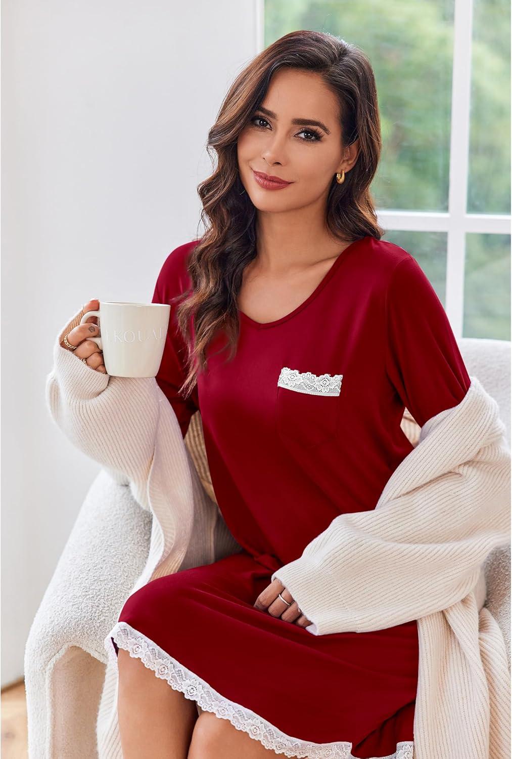 imageEkouaer Womens Long Sleeve Nightgowns V Neck Sleepshirts Lace Nightshirts Casual Tshirt Sleep Dress with PocketWine Red
