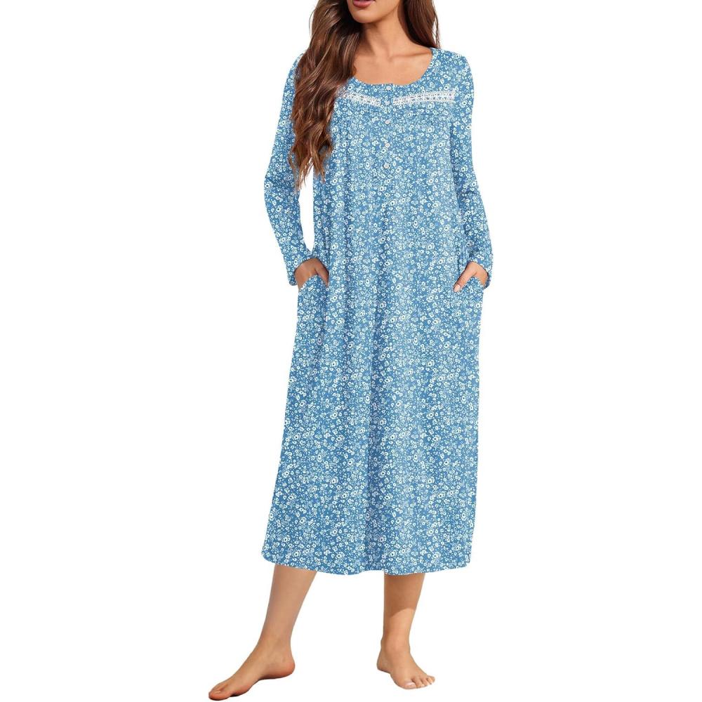 imageEkouaer Long Sleeve Nightgowns for Women Long Sleepshirts Button Night Gowns Sleepwear Full Length Sleep Dress with PocketsBlue Flower