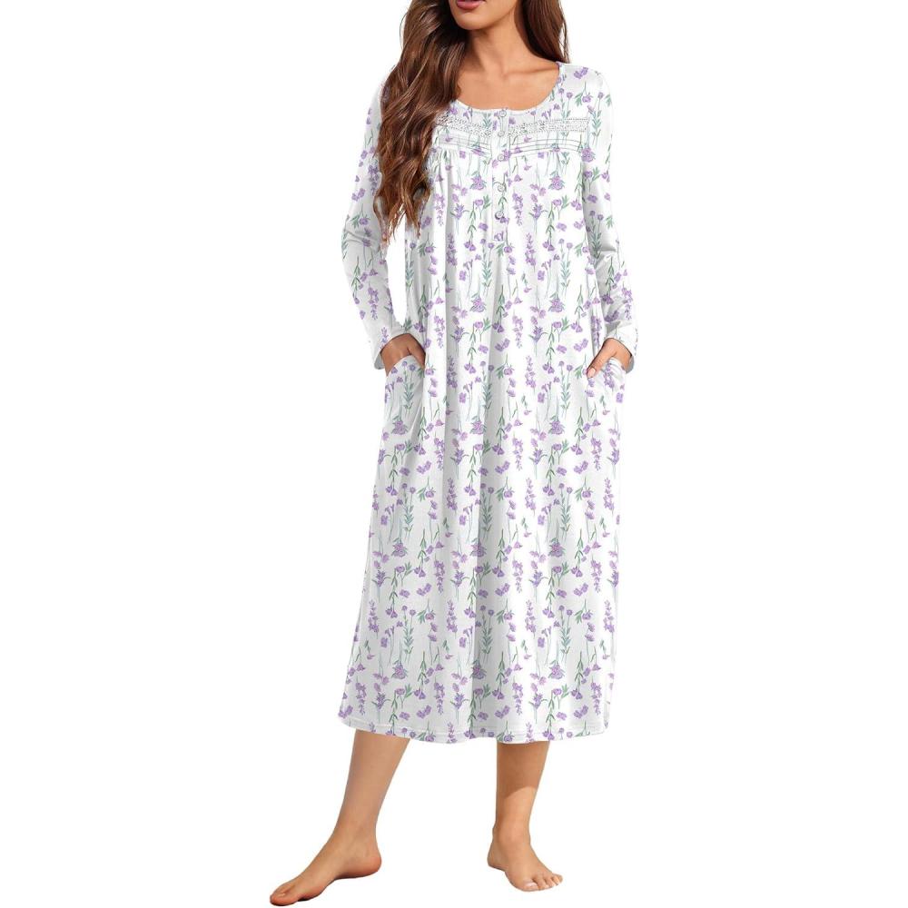 imageEkouaer Long Sleeve Nightgowns for Women Long Sleepshirts Button Night Gowns Sleepwear Full Length Sleep Dress with PocketsPurple Flower
