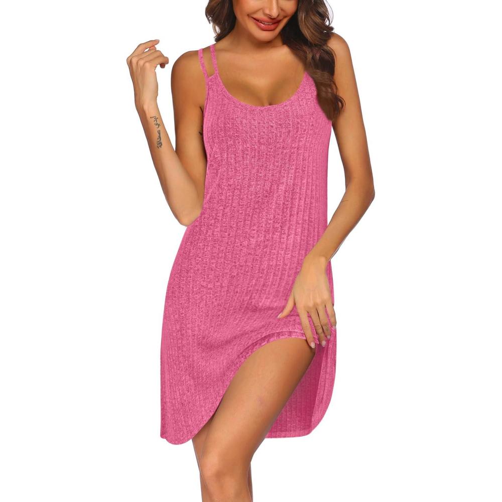 imageEkouaer Nightgown for Women Sleeveless Sleepwear Sexy Sleep Dress Ribbed Knit Night Shirt Soft Chemise Nighties SXXLRose Red