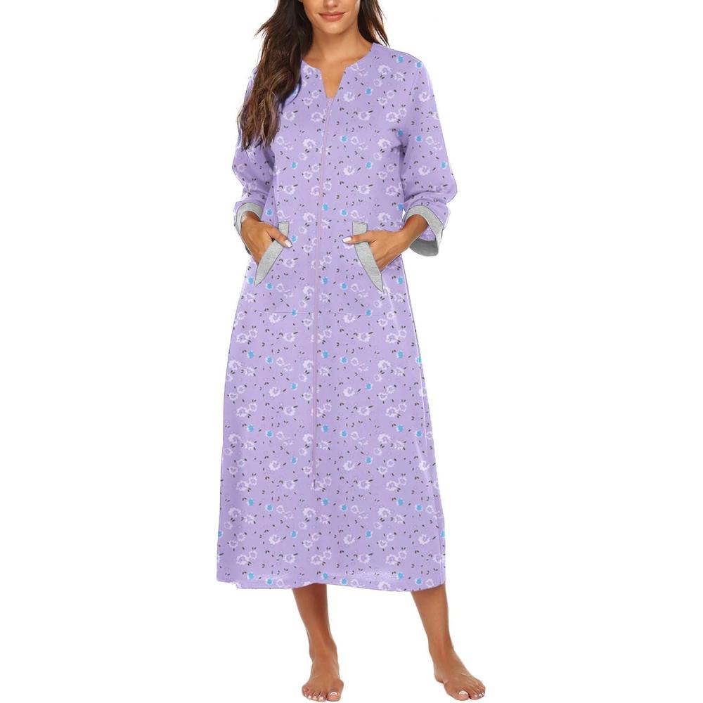 imageEkouaer Women Zipper Robe 34 Sleeves Loungewear Dress Full Length Sleepwear Pockets Housecoat Nightgown Long BathrobeStyle 1pat23