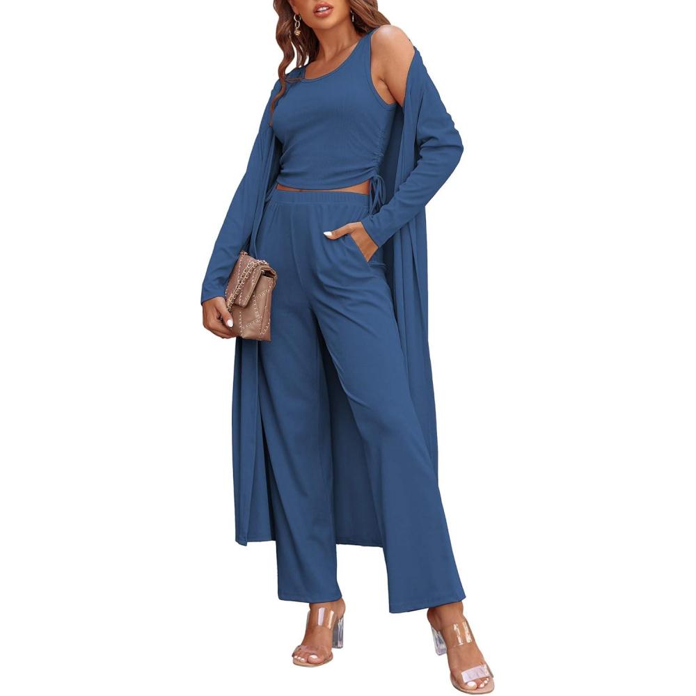 imageEkouaer Womens 3 Piece Knit Lounge Set Pajama Long Sleeve Cardigan Sleeveless Top Pants SweatsuitCadet BlueXXLarge