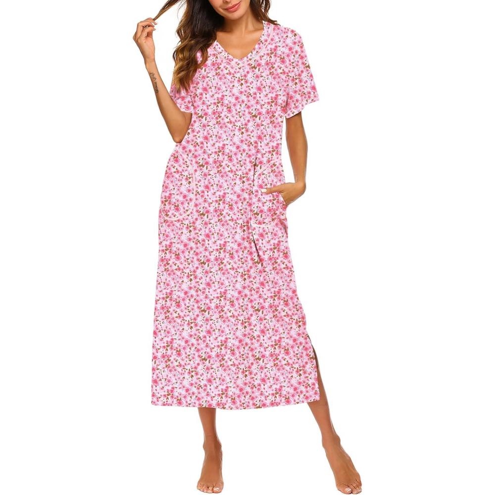 imageEkouaer Womens Full Length Short Sleeve NightgownPink Floral