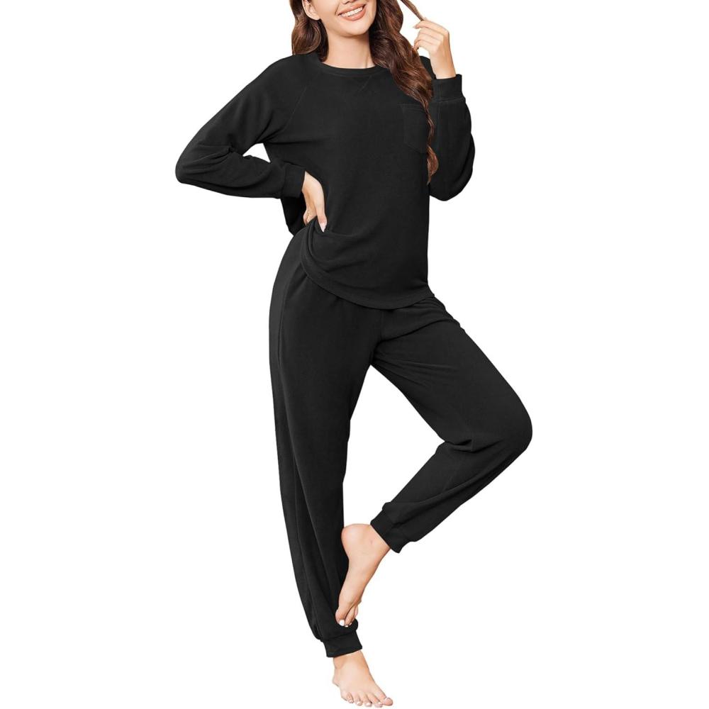 imageEkouaer Womens Fuzzy Fleece Pajama Sets Long Sleeve Jogger Sets Comfy Sleepwear Loungewear with PocketsBlack