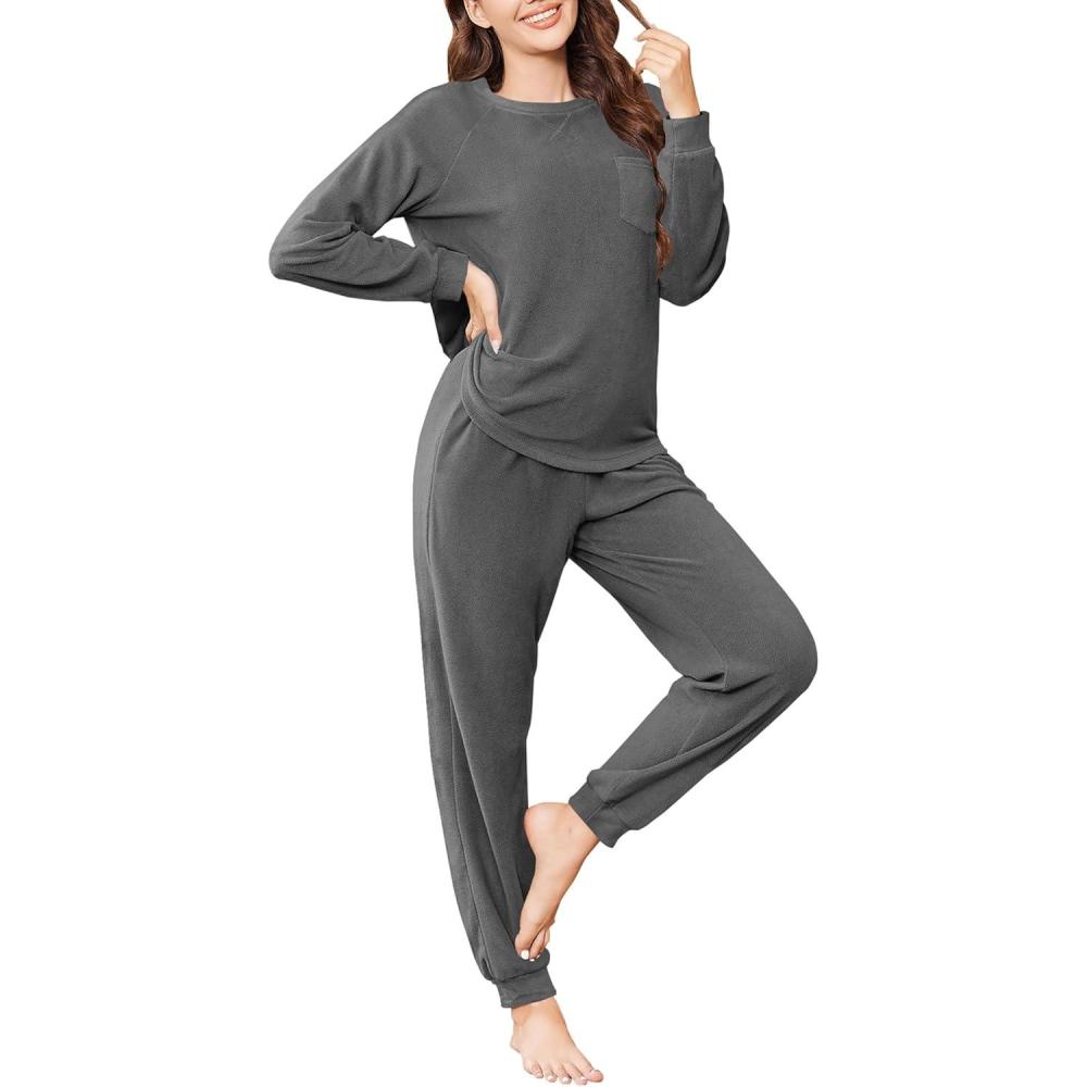 imageEkouaer Womens Fuzzy Fleece Pajama Sets Long Sleeve Jogger Sets Comfy Sleepwear Loungewear with PocketsDark Gray