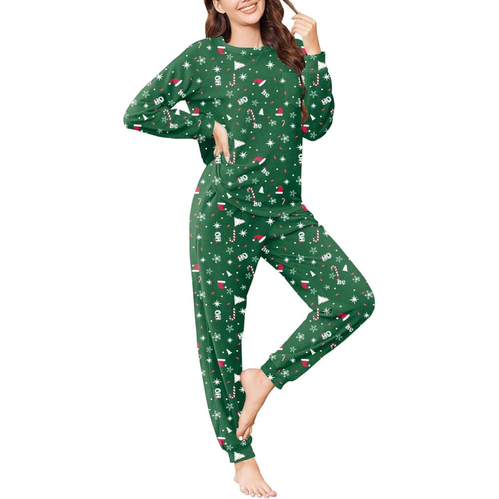 imageEkouaer Womens Fuzzy Fleece Pajama Sets Long Sleeve Jogger Sets Comfy Sleepwear Loungewear with PocketsGreen Christmas Prints