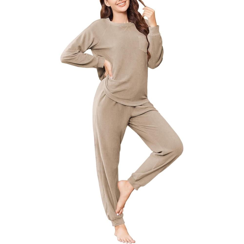 imageEkouaer Womens Fuzzy Fleece Pajama Sets Long Sleeve Jogger Sets Comfy Sleepwear Loungewear with PocketsKhaki