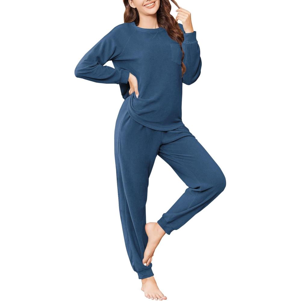 imageEkouaer Womens Fuzzy Fleece Pajama Sets Long Sleeve Jogger Sets Comfy Sleepwear Loungewear with PocketsMarine Blue