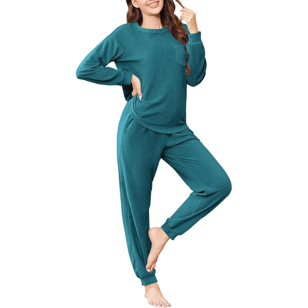 imageEkouaer Womens Fuzzy Fleece Pajama Sets Long Sleeve Jogger Sets Comfy Sleepwear Loungewear with PocketsTeal