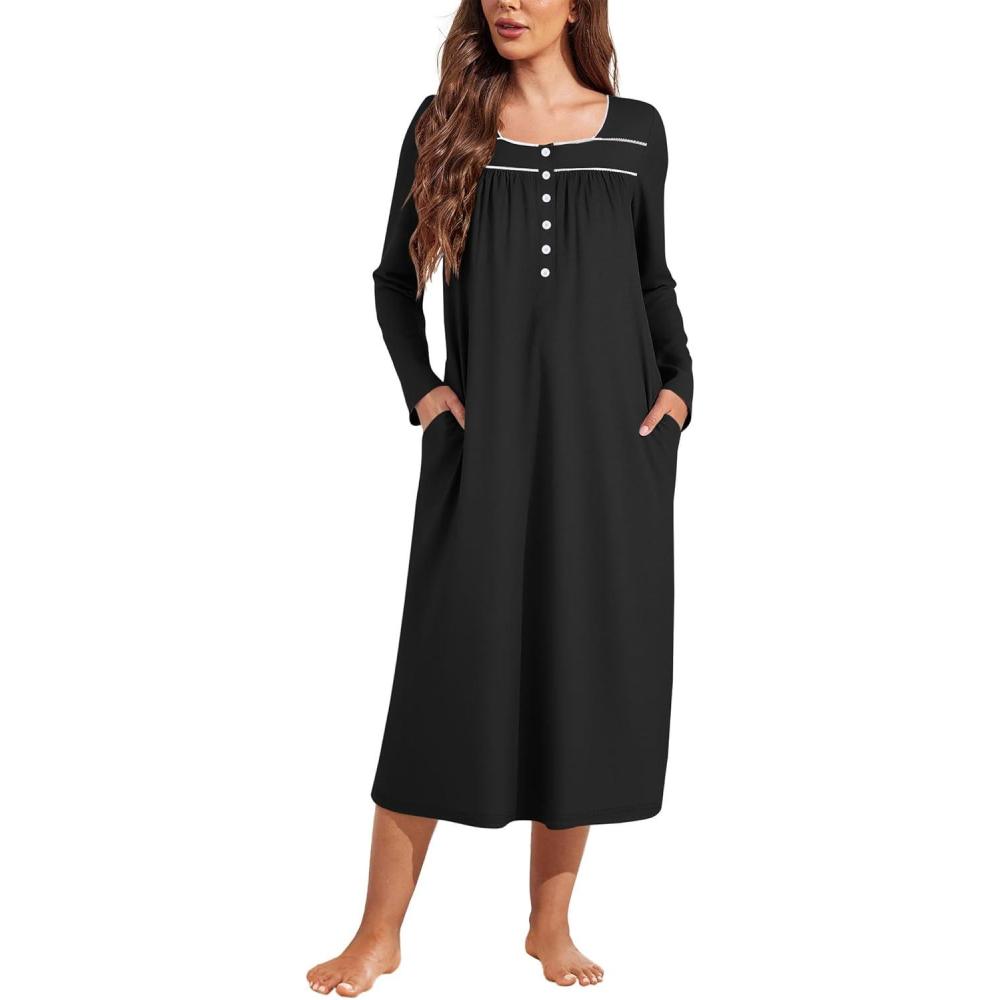 imageEkouaer Womens Long Sleeve Nightgowns Long Sleep Shirts Henley Night Shirts Full Length NightgownBlack