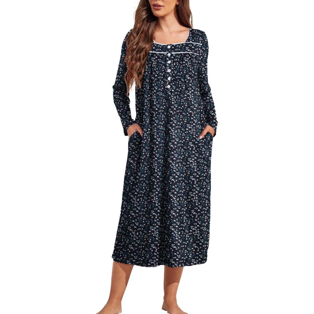 imageEkouaer Womens Long Sleeve Nightgowns Long Sleep Shirts Henley Night Shirts Full Length NightgownBlack and Green