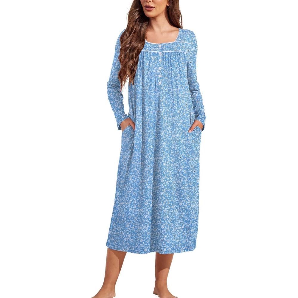 imageEkouaer Womens Long Sleeve Nightgowns Long Sleep Shirts Henley Night Shirts Full Length NightgownBlue