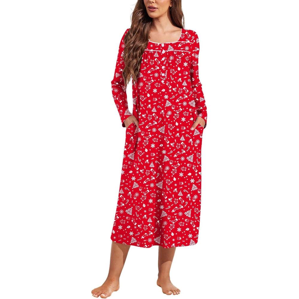 imageEkouaer Womens Long Sleeve Nightgowns Long Sleep Shirts Henley Night Shirts Full Length NightgownChristmas Red