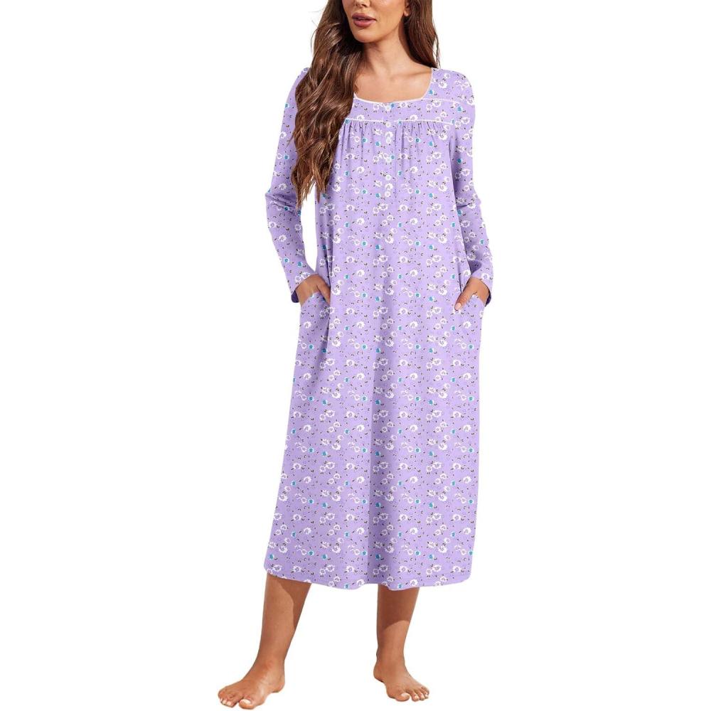 imageEkouaer Womens Long Sleeve Nightgowns Long Sleep Shirts Henley Night Shirts Full Length NightgownPurple Flowers