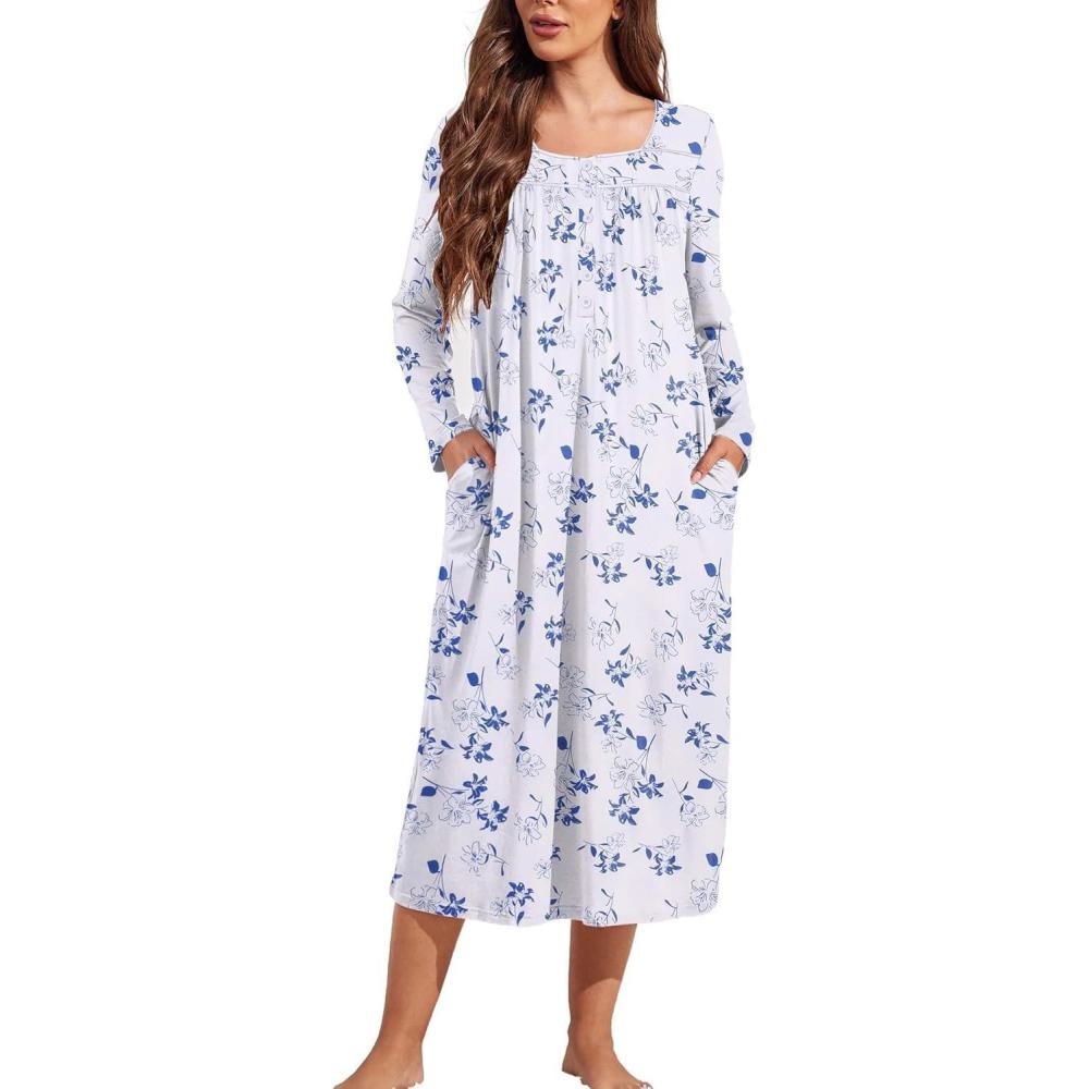 imageEkouaer Womens Long Sleeve Nightgowns Long Sleep Shirts Henley Night Shirts Full Length NightgownWhite and Blue