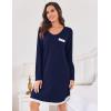 Ekouaer Womens Long Sleeve Nightgowns V Neck Sleepshirts Lace Nightshirts Casual T-shirt Sleep Dress with Pocket(Navy Blue)