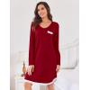 Ekouaer Womens Long Sleeve Nightgowns V Neck Sleepshirts Lace Nightshirts Casual T-shirt Sleep Dress with Pocket(Wine Red)
