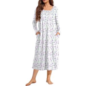Ekouaer Long Sleeve Nightgowns for Women Long Sleepshirts Button Night Gowns Sleepwear Full Length Sleep Dress with Pockets(Purple Flower)