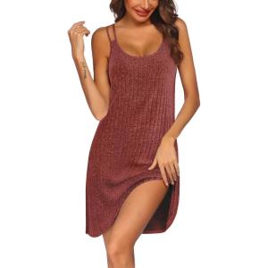 Ekouaer Nightgown for Women Sleeveless Sleepwear Sexy Sleep Dress Ribbed Knit Night Shirt Soft Chemise Nighties S-XXL(Wine Red)