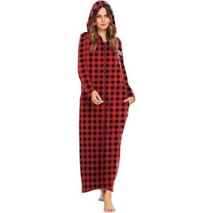 Ekouaer Robe for Women Zipper Loungewear Full Length Sleepwear With Pockets Housecoat Casual Straight Red Black Plaid, Small