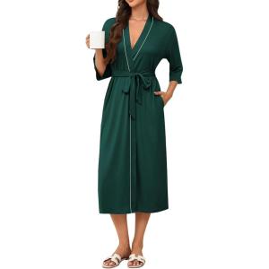 Ekouaer Robes for Women Long Knit Bathrobe Lightweight 3/4 Sleeves Kimono Robe Soft Sleepwear with Pockets(Deep Green, Large)