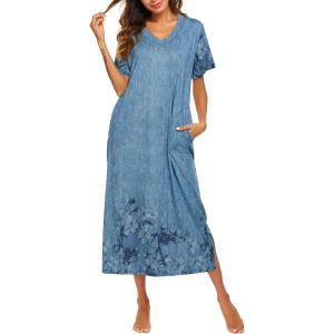 Ekouaer Women’s Full Length Short Sleeve Nightgown(Blue Ink Flower)