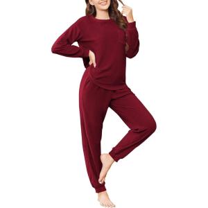 Ekouaer Womens Fuzzy Fleece Pajama Sets Long Sleeve Jogger Sets Comfy Sleepwear Loungewear with Pockets(Burgundy)