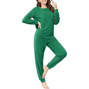 Ekouaer Womens Fuzzy Fleece Pajama Sets Long Sleeve Jogger Sets Comfy Sleepwear Loungewear with Pockets(Green)
