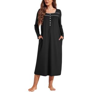 Ekouaer Womens Long Sleeve Nightgowns Long Sleep Shirts Henley Night Shirts Full Length Nightgown(Black)