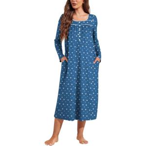 Ekouaer Womens Long Sleeve Nightgowns Long Sleep Shirts Henley Night Shirts Full Length Nightgown(Blue Dog Footprints)