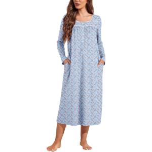 Ekouaer Womens Long Sleeve Nightgowns Long Sleep Shirts Henley Night Shirts Full Length Nightgown(Blue Floral)