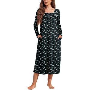 Ekouaer Womens Long Sleeve Nightgowns Long Sleep Shirts Henley Night Shirts Full Length Nightgown(Navy Florals)