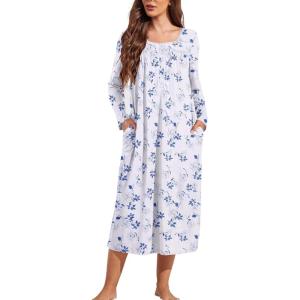Ekouaer Womens Long Sleeve Nightgowns Long Sleep Shirts Henley Night Shirts Full Length Nightgown(White and Blue)