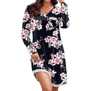 Ekouaer Womens Long Sleeve Nightgowns V Neck Sleepshirts Lace Nightshirts Casual T-shirt Sleep Dress with Pocket(Black Pink Floral)