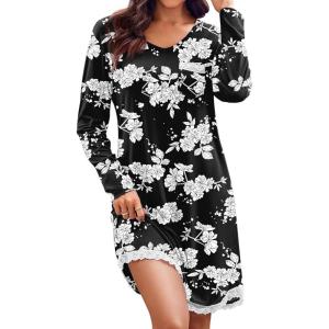 Ekouaer Womens Long Sleeve Nightgowns V Neck Sleepshirts Lace Nightshirts Casual T-shirt Sleep Dress with Pocket(Black White Floral)