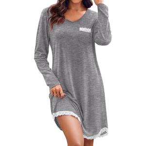 Ekouaer Womens Long Sleeve Nightgowns V Neck Sleepshirts Lace Nightshirts Casual T-shirt Sleep Dress with Pocket(Medium Grey)