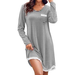 Ekouaer Womens Long Sleeve Nightgowns V Neck Sleepshirts Lace Nightshirts Casual T-shirt Sleep Dress with Pocket(Strip)